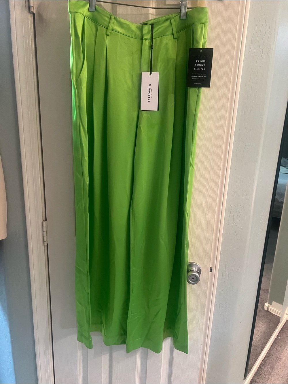 Retrofete Paulette lime satin wide leg pants large NWT